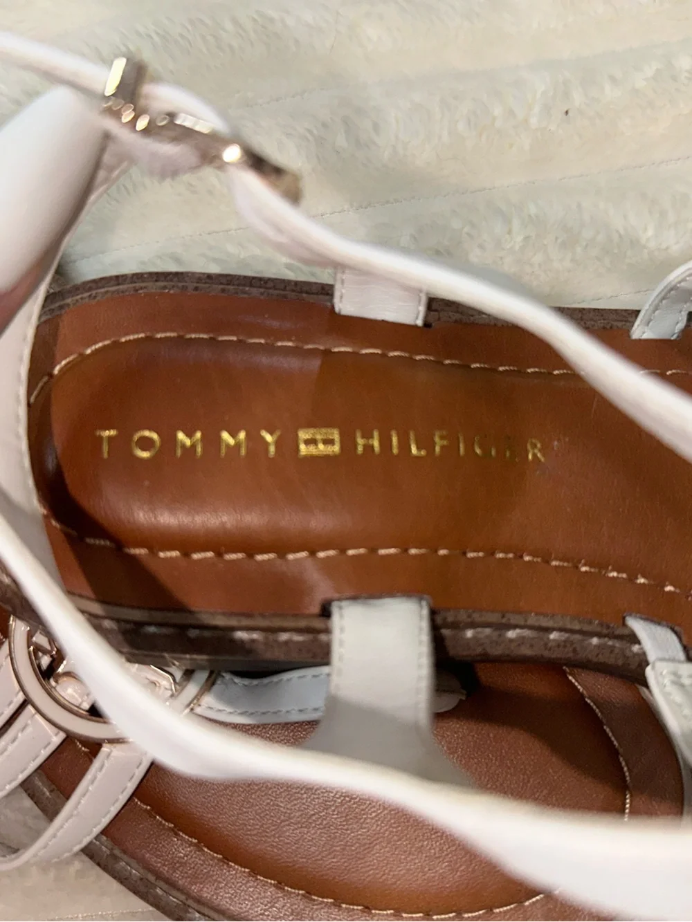 Tommy Hilfiger White Leather T-Strap Sandals with Gold Logo